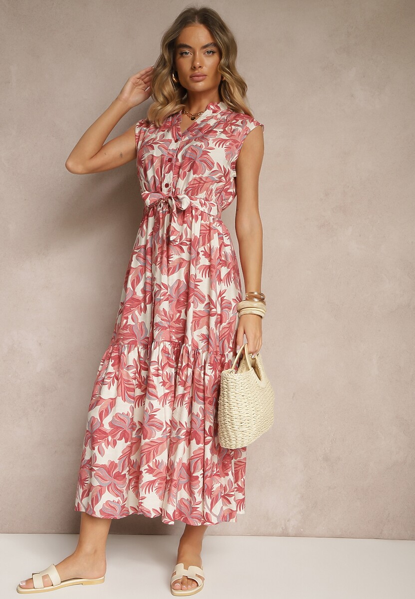 Różowa Wiskozowa Sukienka o Rozkloszowanym Kroju Bez Rękawów z Wiązaniem Revalisse