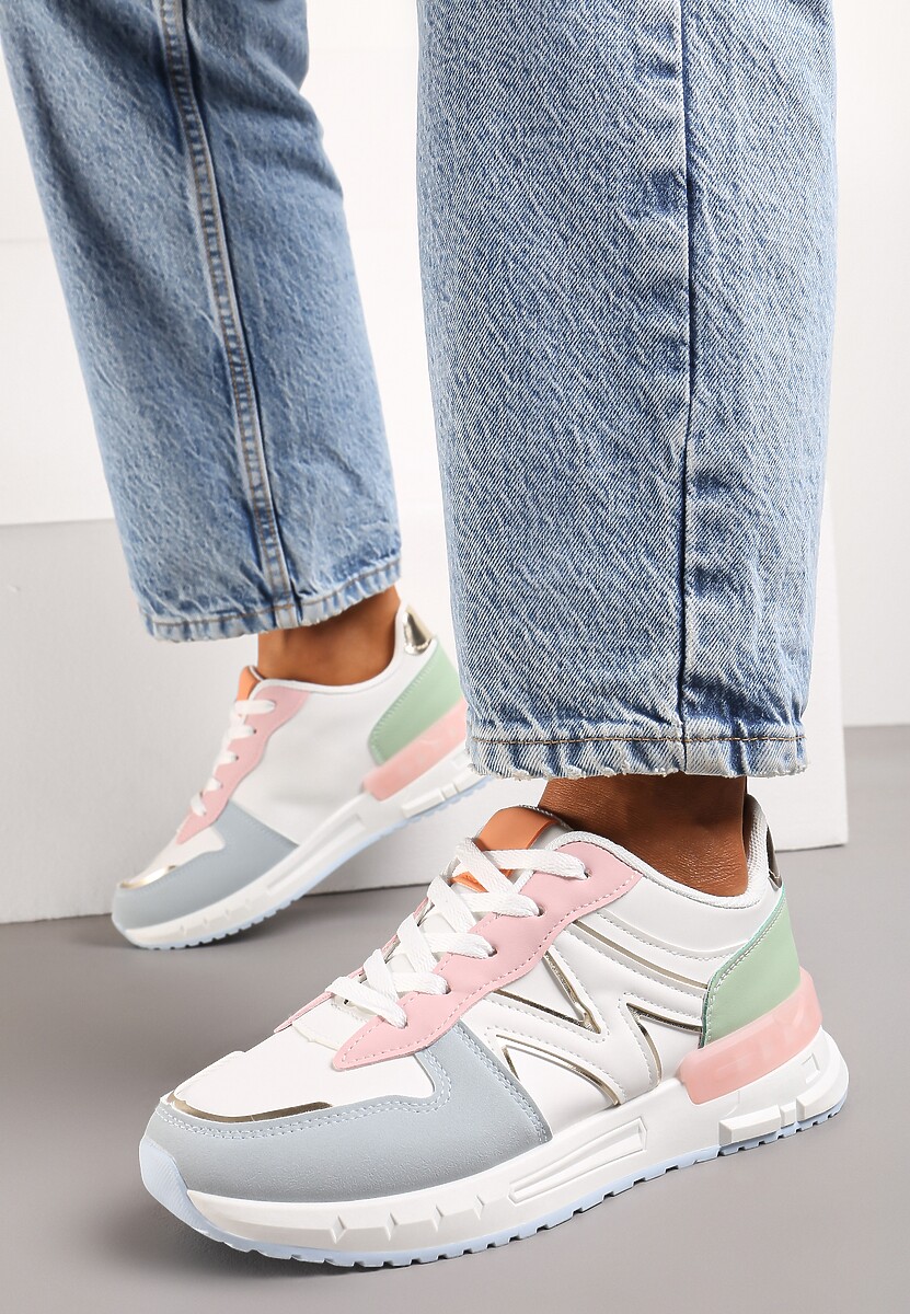 Biało-Niebieskie Płaskie Sneakersy ze Sznurowaniem z Metalicznymi Wstawkami Remarie