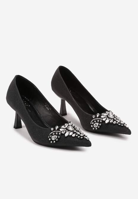 Czarne Eleganckie Czółenka na Szpilce z Brokatem i Cyrkoniami Arkana