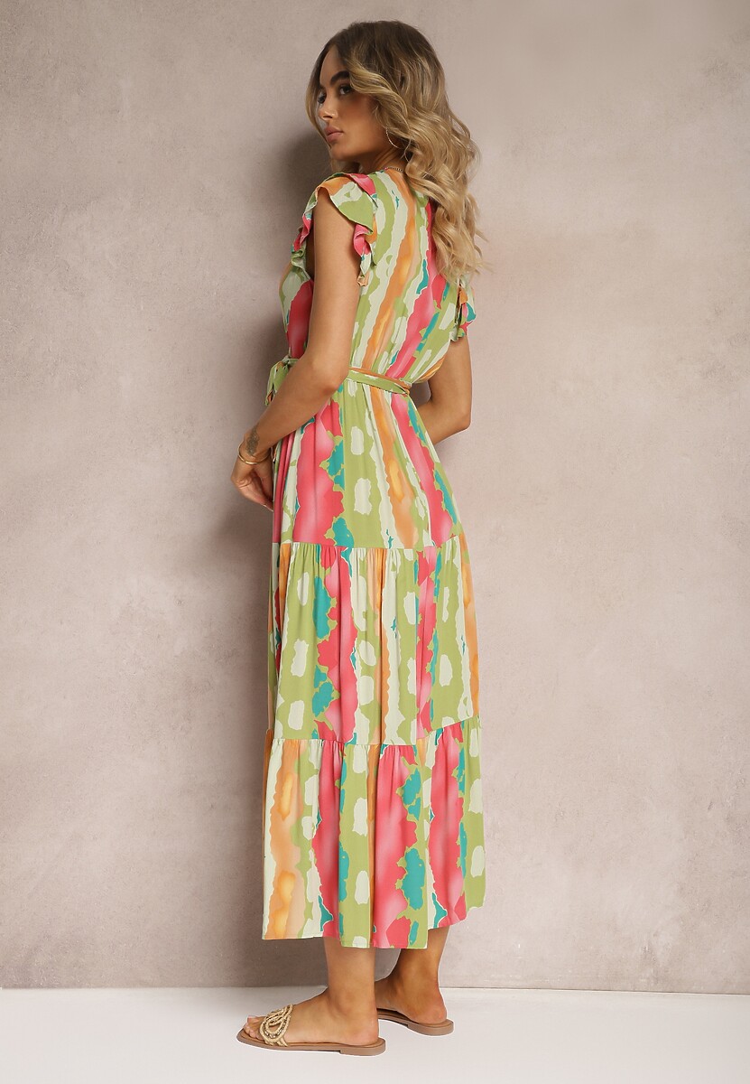 Zielono-Różowa Sukienka z Kopertowym Dekoltem Wykończona Ozdobnym Paskiem i Gumką w Talii Eseviana