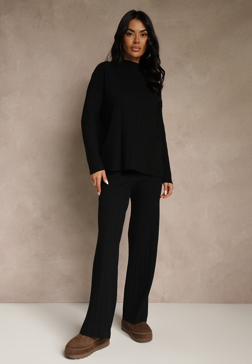 Czarny Komplet Dzianinowy Spodnie o Szerokim Kroju i Sweter Półgolf Datusa