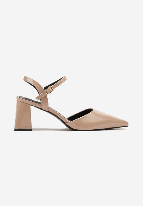 Beżowe Sandały Lakierowane na Geometrycznym Słupku Sopelisse