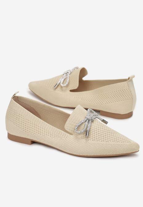 Beżowe Balerinki na Płaskiej Podeszwie z Kokardką z Cyrkonii Preslia