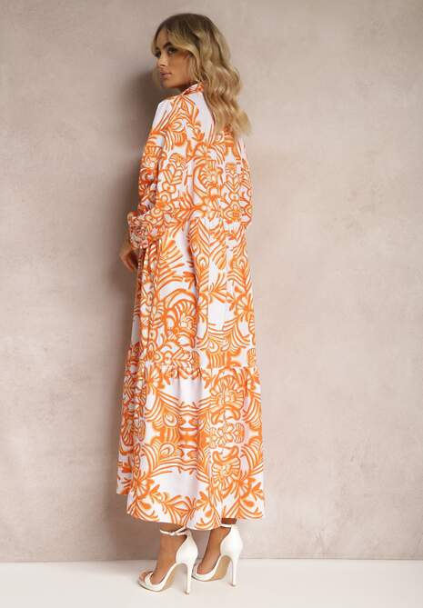 Pomarańczowa Rozkloszowana Sukienka Długa z Falbanką w Ornamentalny Print Naraoda