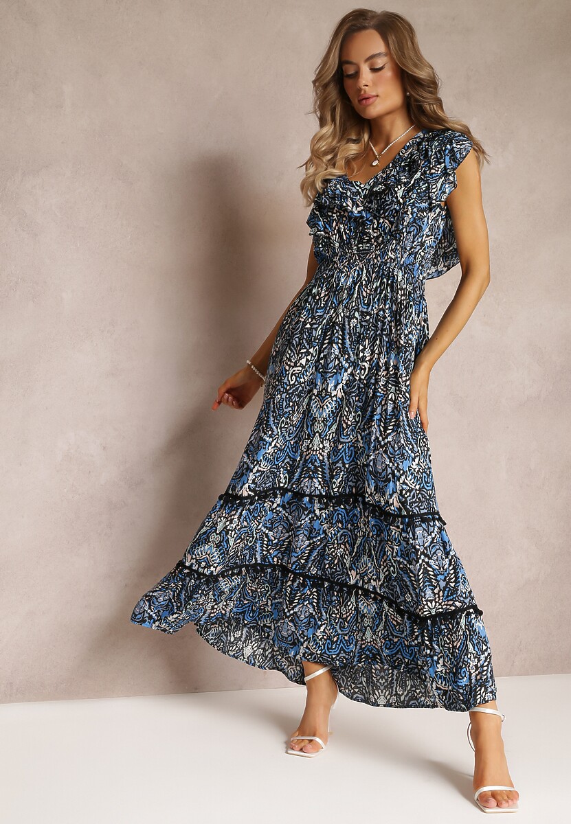 Granatowo-Czarna Wiskozowa Sukienka Maxi z Pomponami i Gumką w Talii Belmona