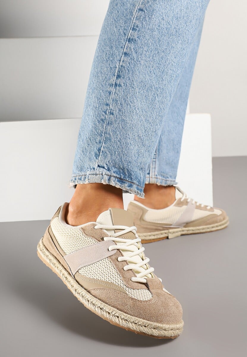 Ciemnobeżowe Sneakersy Typu Kultowe Tenisówki Zdobione Przeszyciami Grelloti