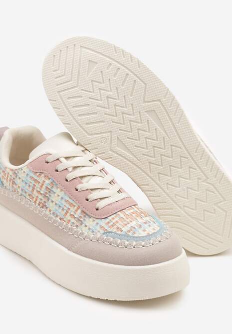Beżowo-Różowe Sneakersy na Platformie Ozdobione Plecionką Nilaraviela