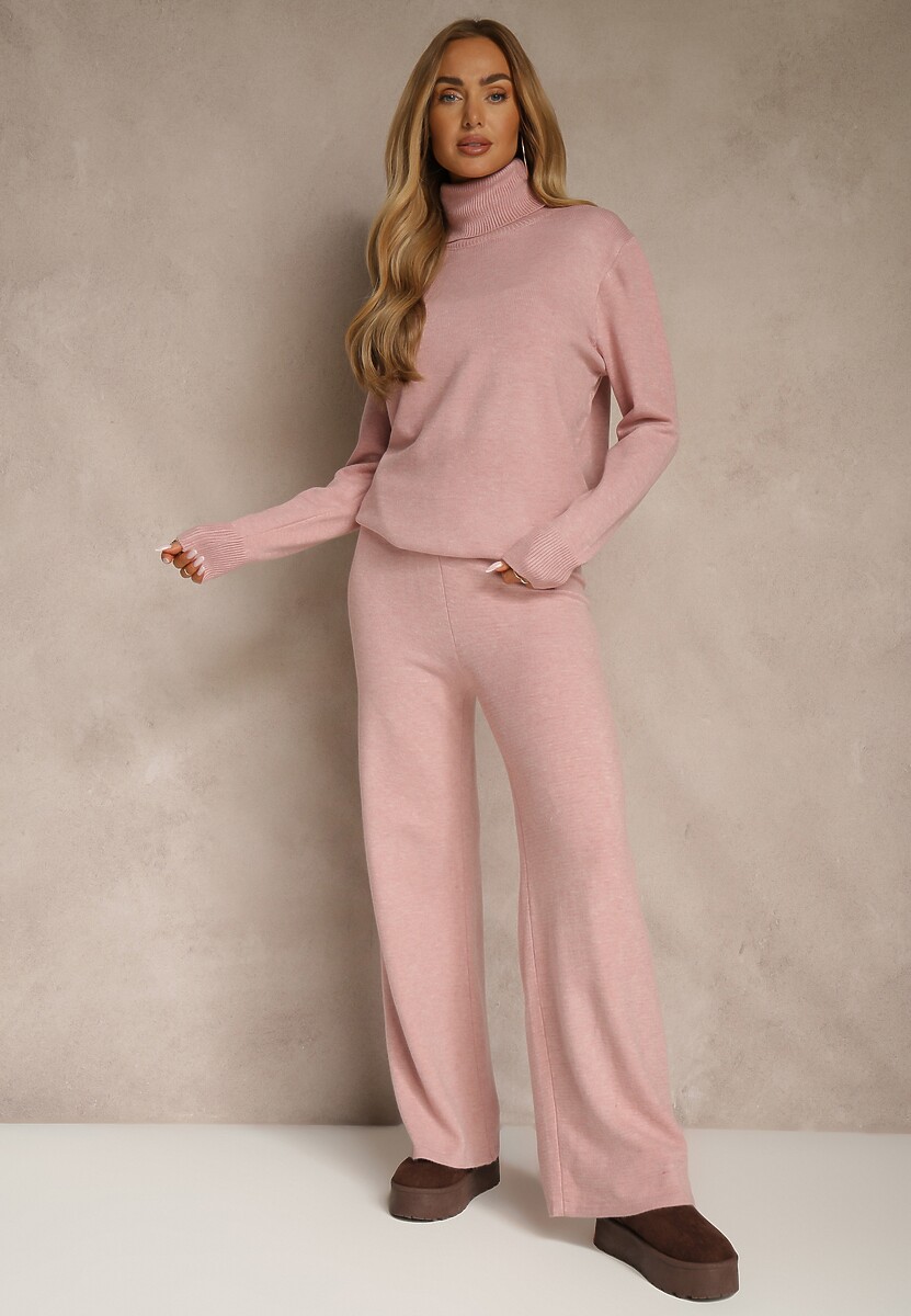 Różowy Komplet Dzianinowy z Wełną i Bawełną Szerokie Spodnie i Golf Lennria