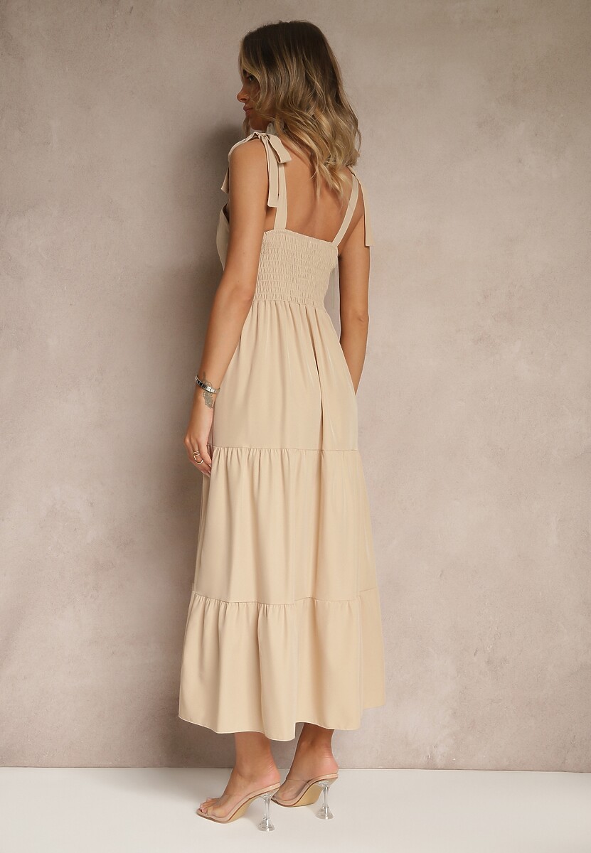 Beżowa Sukienka z Wiskozą Falbanami i Wiązaniem Nilarrea