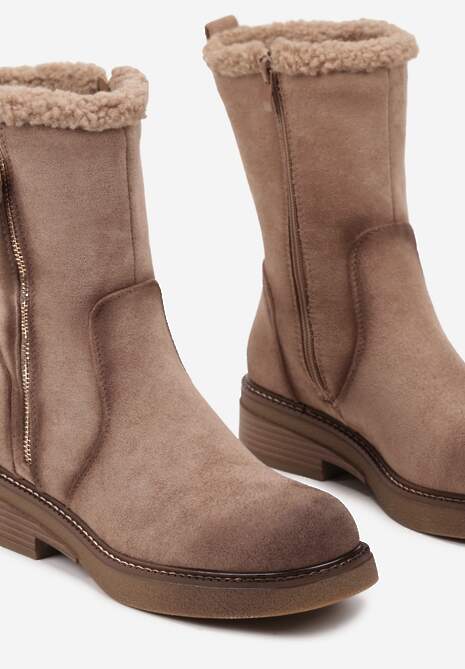 Ciemnobeżowe Botki z Ekozamszu na Płaskiej Podeszwie z Ozdobnym Suwakiem i Futerkiem Nevadorae
