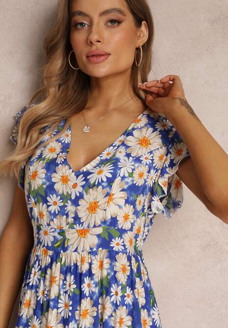 Niebieska Taliowana Sukienka Mini w Kwiaty z Gumką w Talii Teziovi