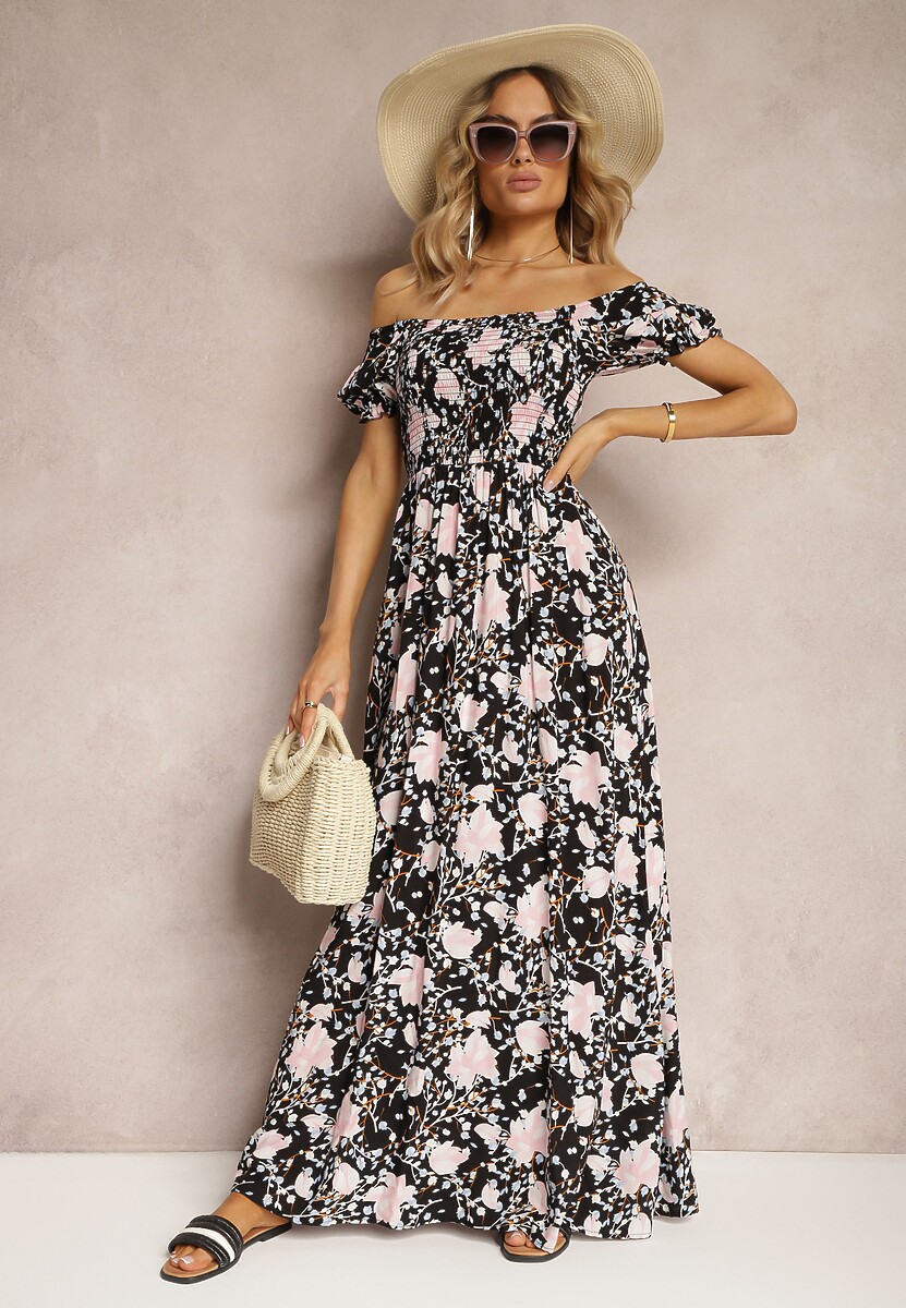 Czarno-Biała Kwiecista Sukienka o Rozkloszowanym Kroju z Marszczoną Górą Eliseria