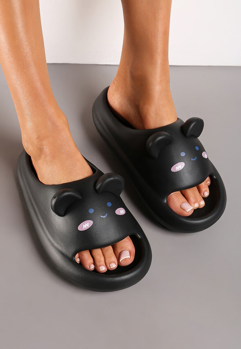Czarne Klapki z Lekkiej Pianki z Uszkami i Uroczym Zwierzakiem Vidialla