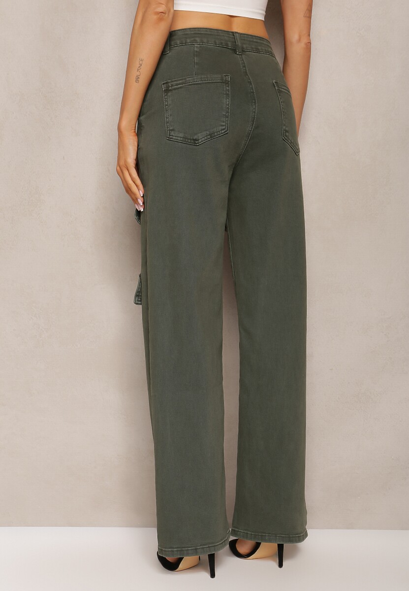 Ciemnozielone Bawełniane Spodnie Bojówki z Prostymi Nogawkami i Kieszeniami z Klapami Aranduil