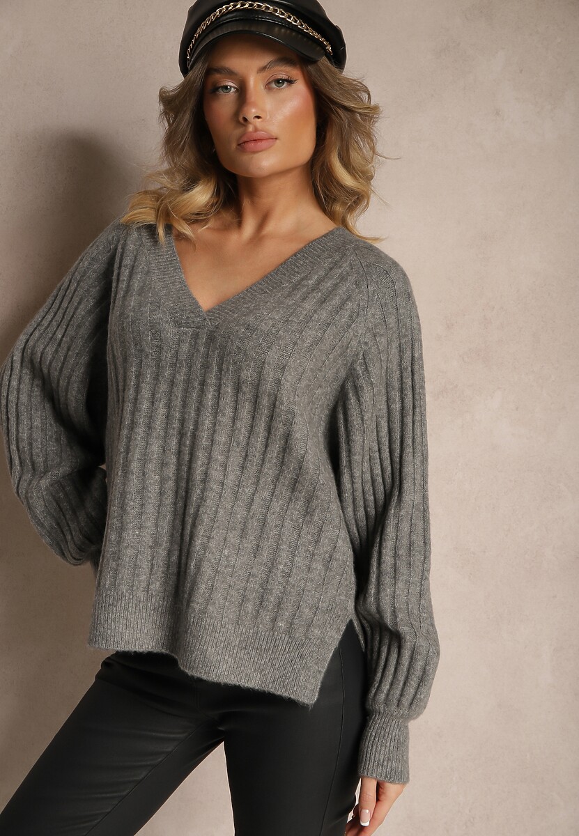 Szary Sweter Prążkowany z Wiskozą Wełną Rozcięciami i Ozdobnymi Ściągaczami Korinka