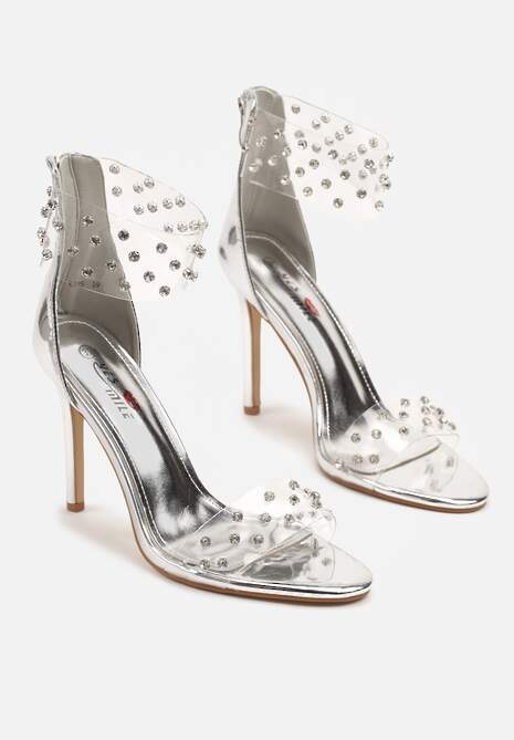 Srebrne Sandały na Szpilce Ozdobione Przezroczystymi Paskami i Cyrkoniami Lioleva