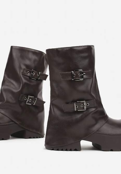 Ciemnobrązowe Botki Biker Vices z Wywiniętą Cholewką Platformą i Klamrami Reinila