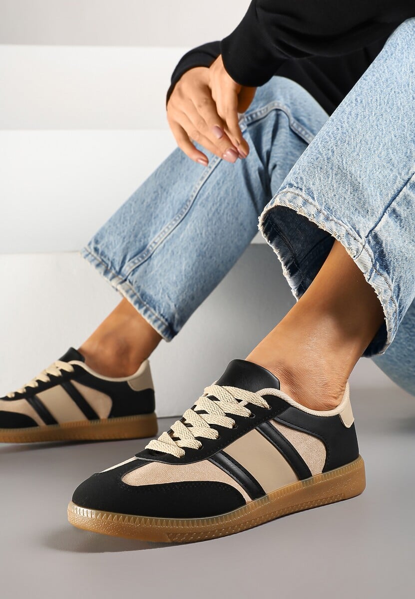 Czarno-Beżowe Sneakersy Sportowe przed Kostkę z Ozdobnymi Paskami Zonevia