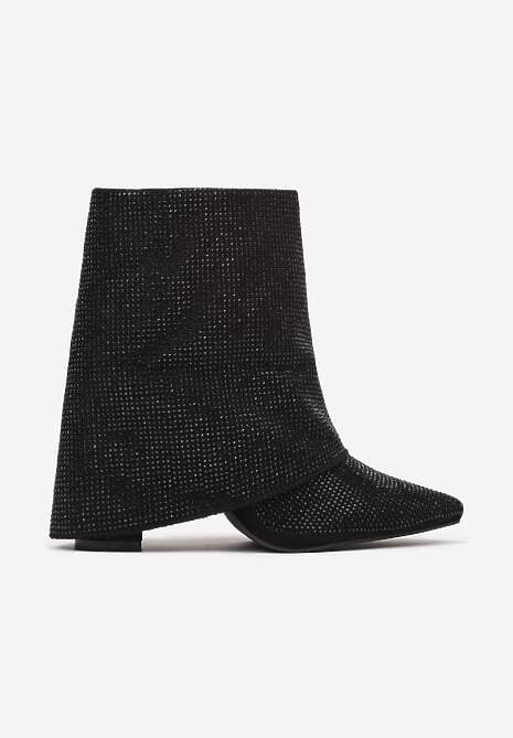 Czarne Eleganckie Botki z Cyrkoniami na Wywiniętej Cholewce Emiviraea