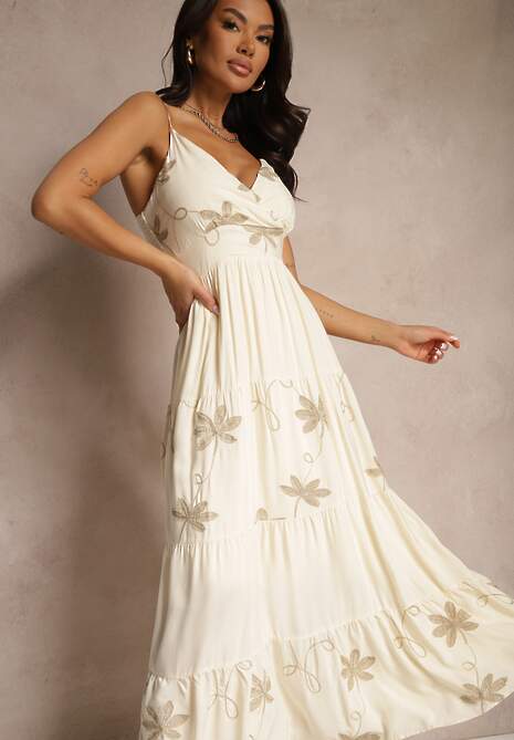 Jasnobeżowa Rozkloszowana Sukienka z Wiskozy z Haftowanym Motywem na Ramiączkach Telilia