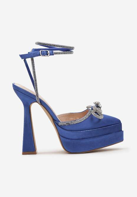 Niebieskie Sandały na Geometrycznej Szpilce z Platformą z Odkrytą Piątą i Biżuteryjną Kokardką Mornia
