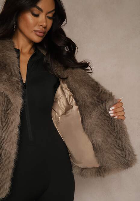 Jasnobrązowa Kurtka Futerko Ozdobione Cieniowanym Motywem Monideva