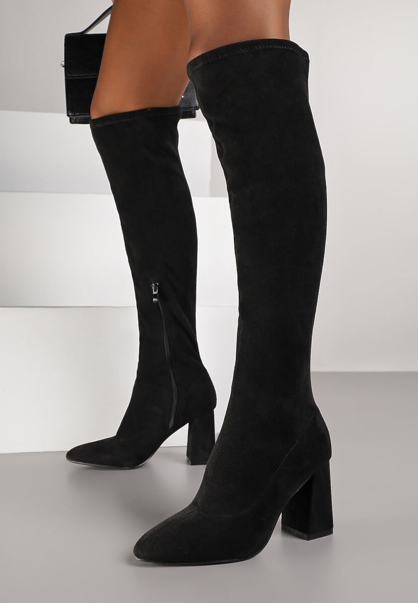 Czarne Dopasowane Kozaki Vices z Imitacji Zamszu na Słupkowym Obcasie Avvie