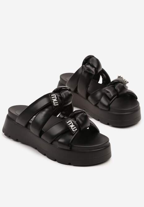 Czarne Klapki na Platformie Ozdobione Kokardami i Cyrkoniami Redalline