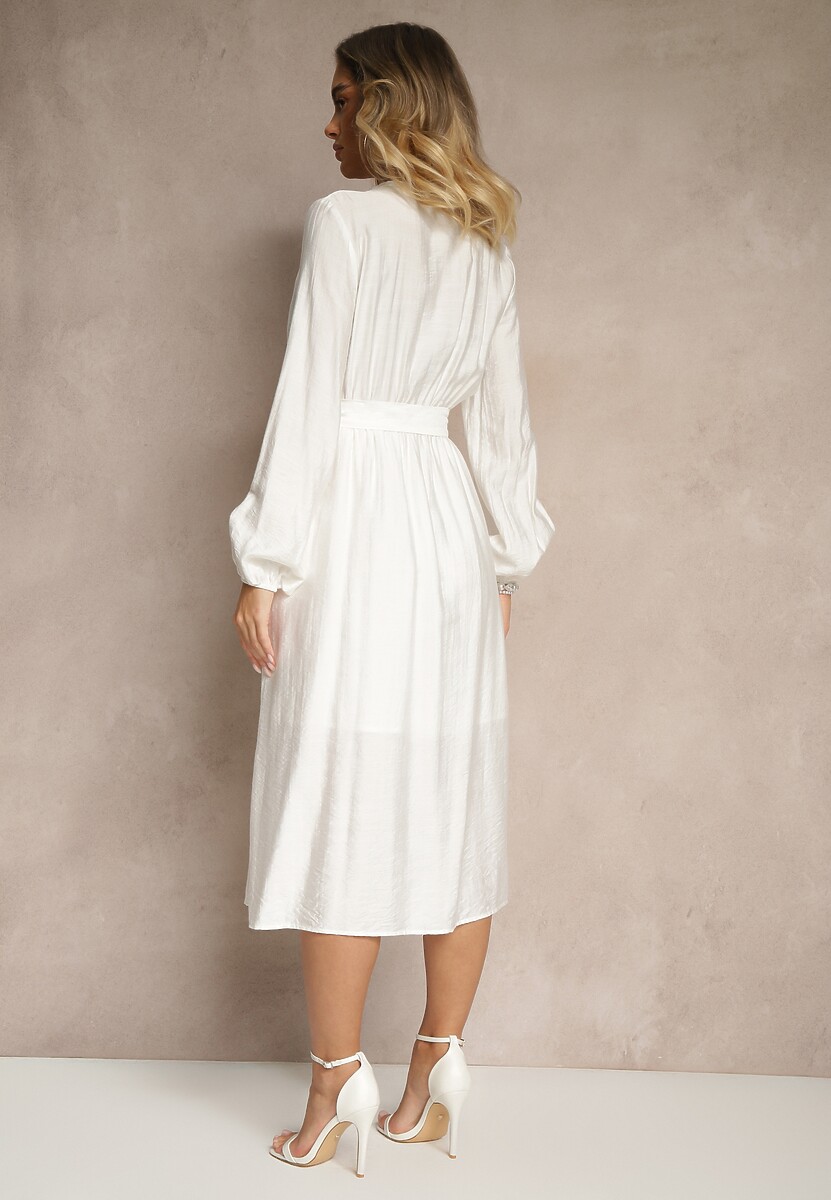 Biała Rozkloszowana Sukienka z Wiskozą Zdobiona Haftem i Wiązanym Paskiem Elvania