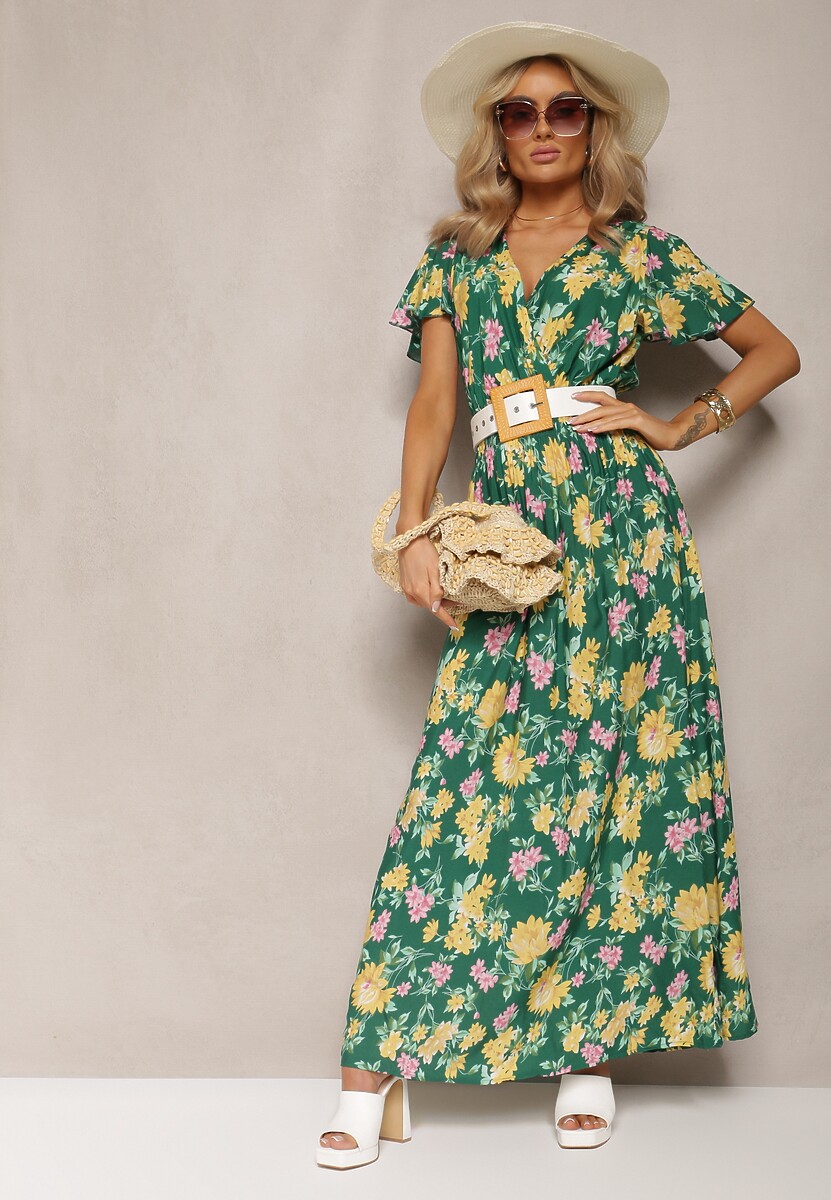 Zielono-Żółta Maxi Sukienka w Kwiaty z Wiskozy o Rozkloszowanym Kroju z Kopertowym Dekoltem Brilva
