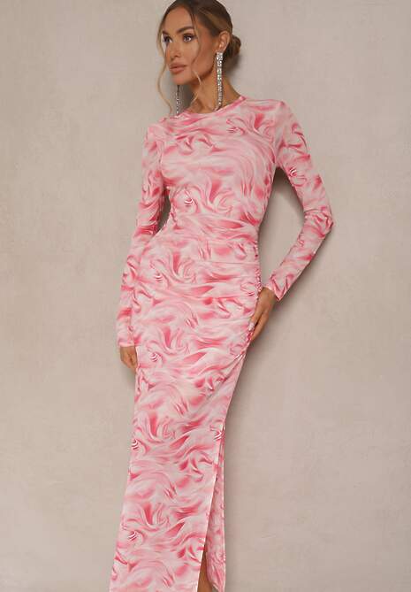 Fuksjowa Siateczkowa Sukienka z Wiskozą o Dopasowanym Kroju w Abstrakcyjny Print Saralora