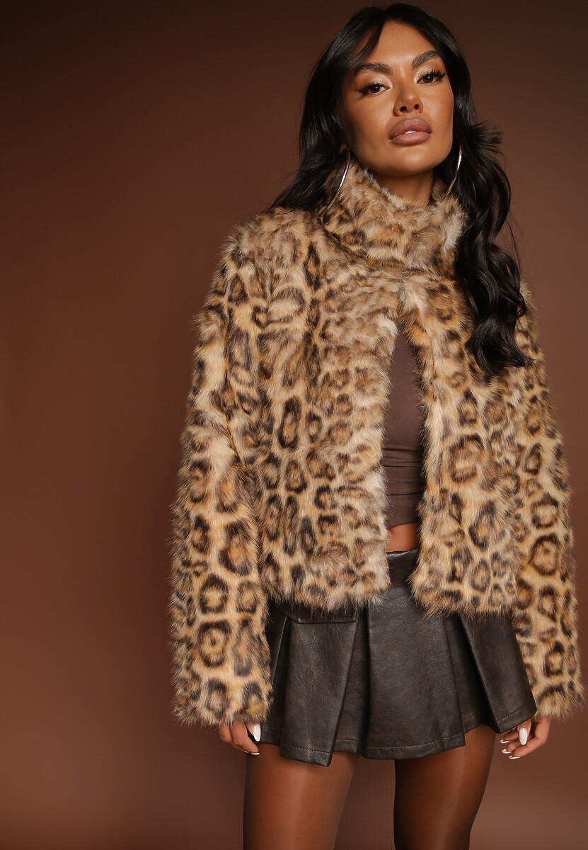 Brązowa Panterkowa Kurtka Futerko z Wiskozą Serintinnia