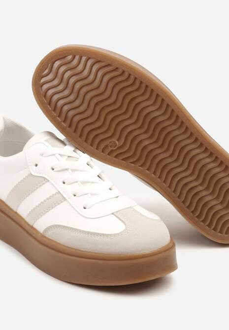 Biało-Beżowe Klasyczne Sneakersy Tenisówki na Niskiej Platformie Denirla