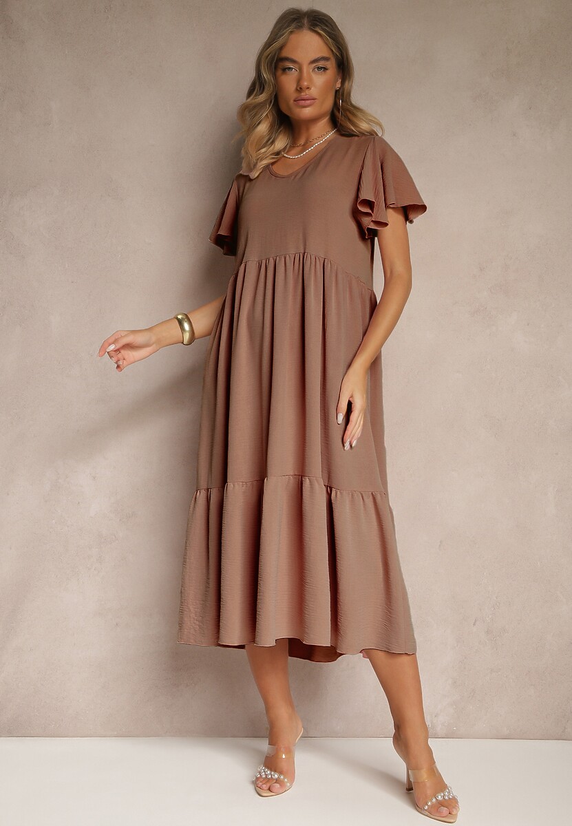Brązowa Rozkloszowana Sukienka z Wiskozą w Casualowym Stylu Filarenna