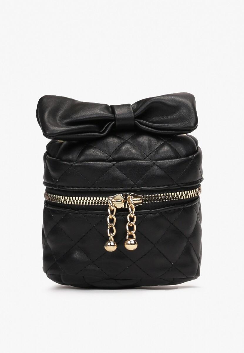 Czarna Kwadratowa Pikowana Torebka z Ozdobną Kokardą i Suwakami Vianefa