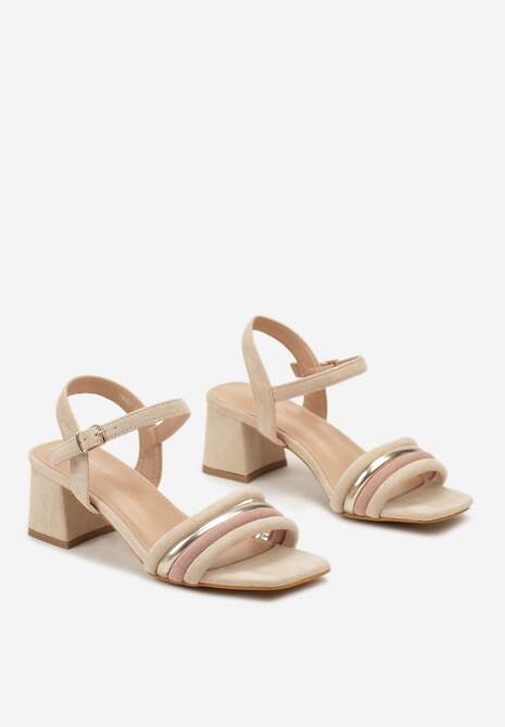 Beżowe Sandały na Słupku z Ozdobnymi Paskami i Sprzączką Windalyn