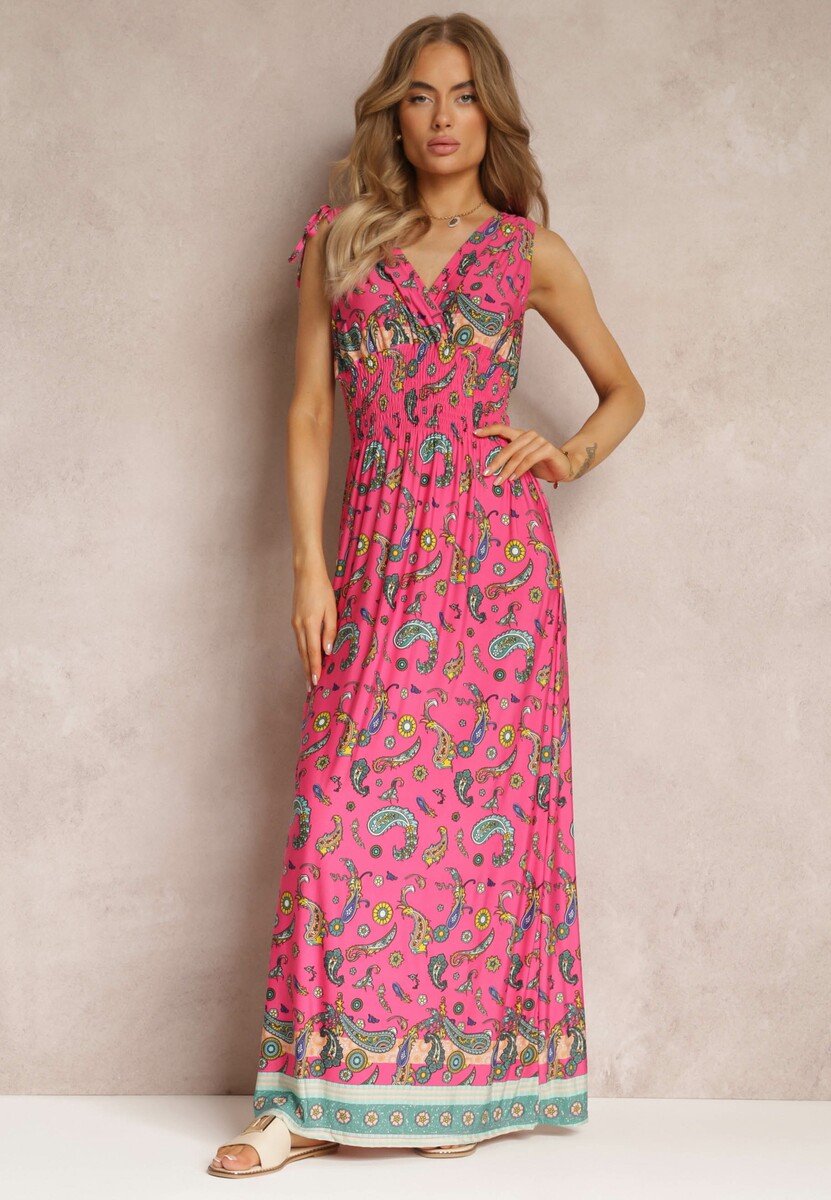 Zielona Sukienka Maxi we Wzór Pailsey z Rozkloszowanym Dołem i Gumką w Talii Kinslei