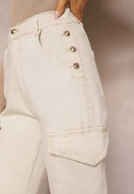 Jasnobeżowe Spodnie Bawełniane o Fasonie Bojówek High Waist z Guzikami Amatnosha