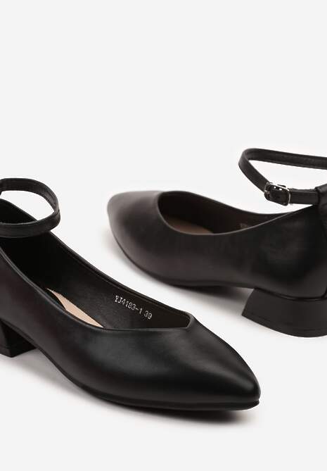 Czarne Błyszczące Czółenka na Słupku z Wkładką ze Skóry Naturalnej z Ozdobnym Paskiem Norzeri