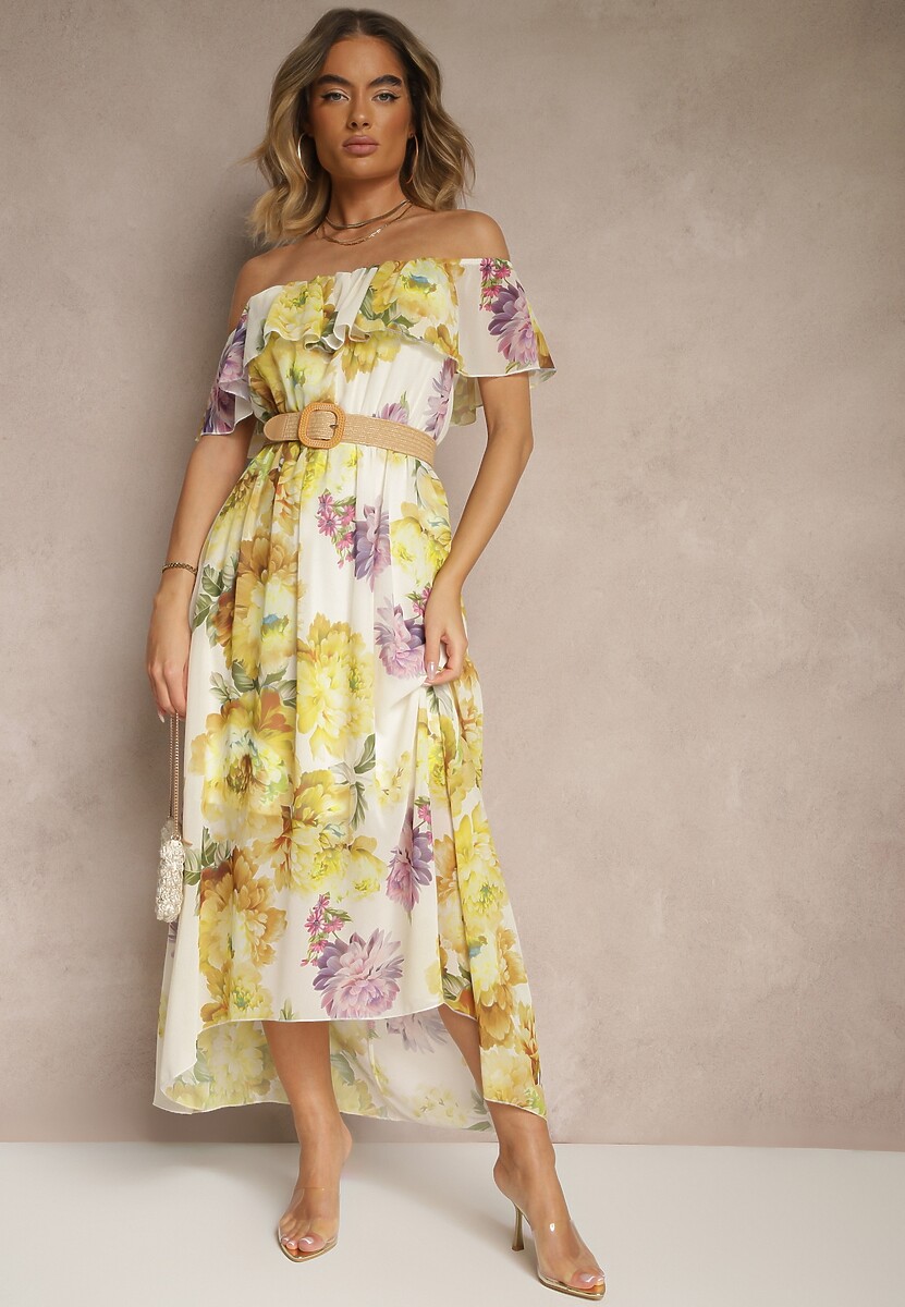 Żółta Sukienka Hiszpanka z Kwiatowym Wzorem i Plecionym Paskiem Sadeene
