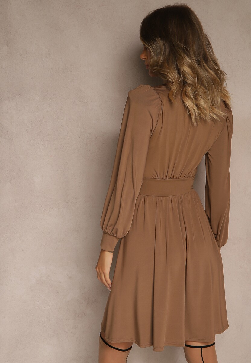 Brązowa Sukienka z Wiskozą o Rozkloszowanym Kroju Selaitea