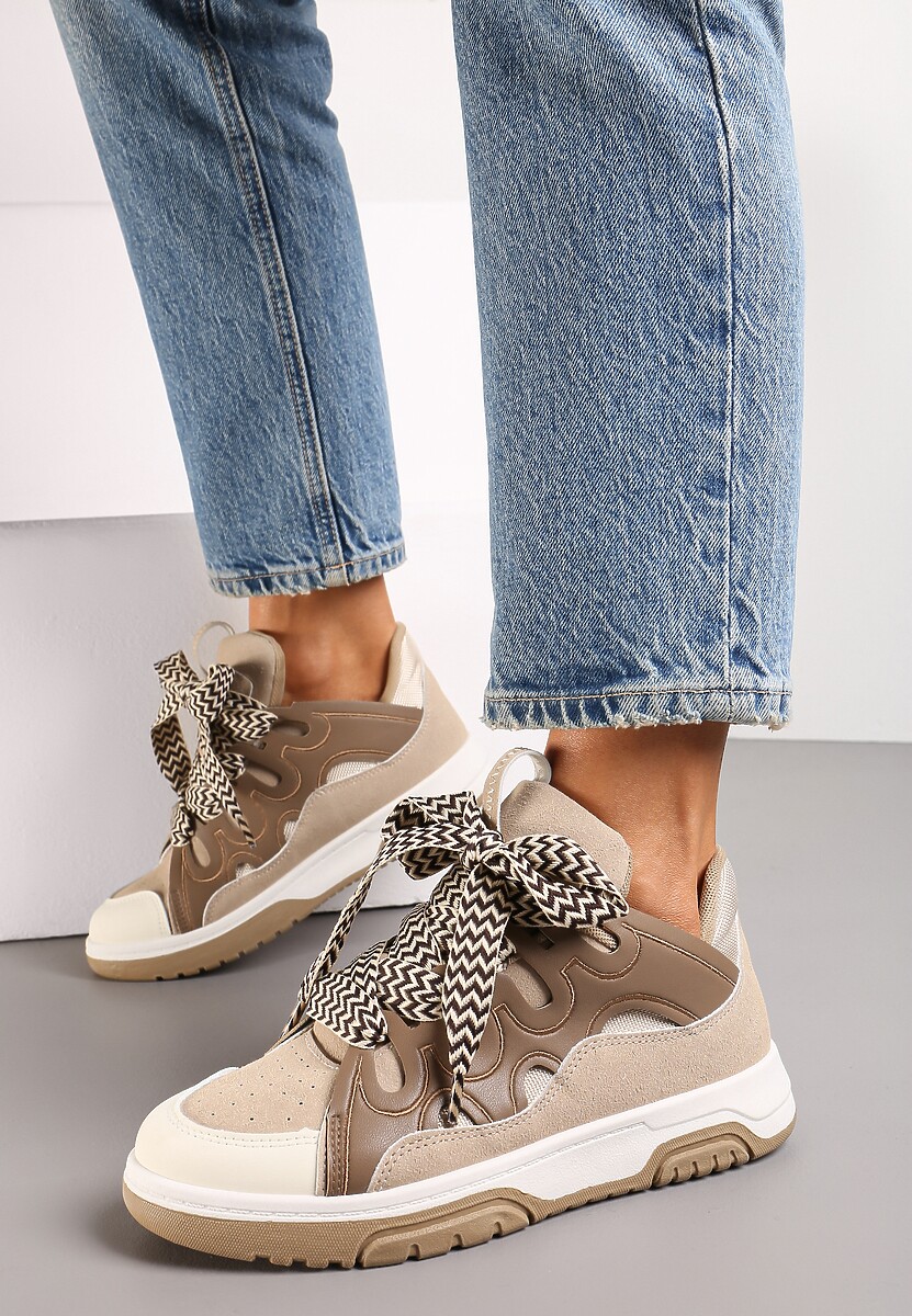 Ciemnobeżowe Sneakersy z Szerokimi Sznurówkami Nolita