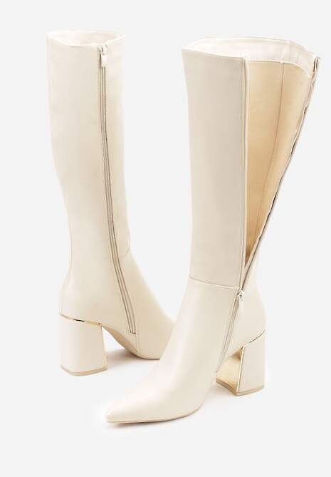 Beżowe Eleganckie Kozaki na Słupkowym Obcasie z Aplikacją i Noskiem w Szpic Noellame