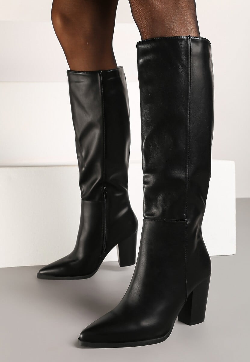 Czarne Casualowe Kozaki na Słupku z Ociepleniem i Dopasowaną Cholewką Niarithraea