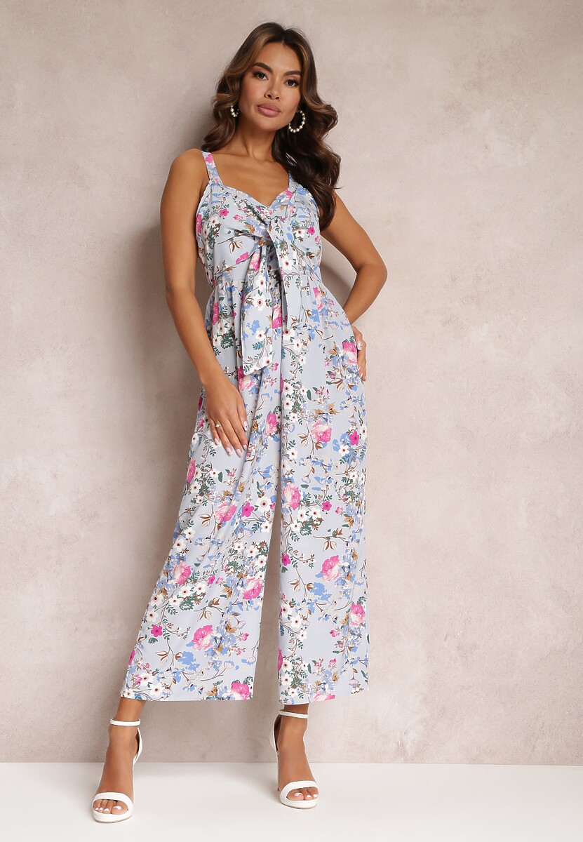 Jasnoniebieski Kombinezon z Szerokimi Nogawkami i Wiązaniem Przy Dekolcie Gloryhallo