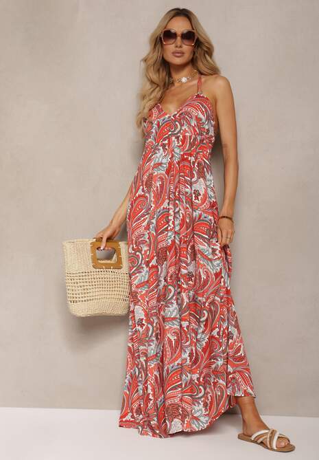 Pomarańczowa Sukienka z Wiskozy Wiązana na Szyi ze Ściągaczem pod Biustem Xerbia