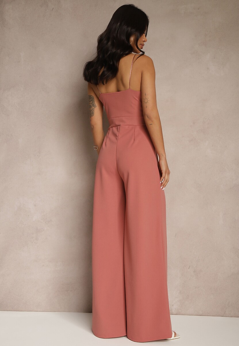 Ciemnoróżowy Kombinezon na Cienkich Ramiączkach z Kopertowym Dekoltem i Szerokimi Nogawkami Jovantia