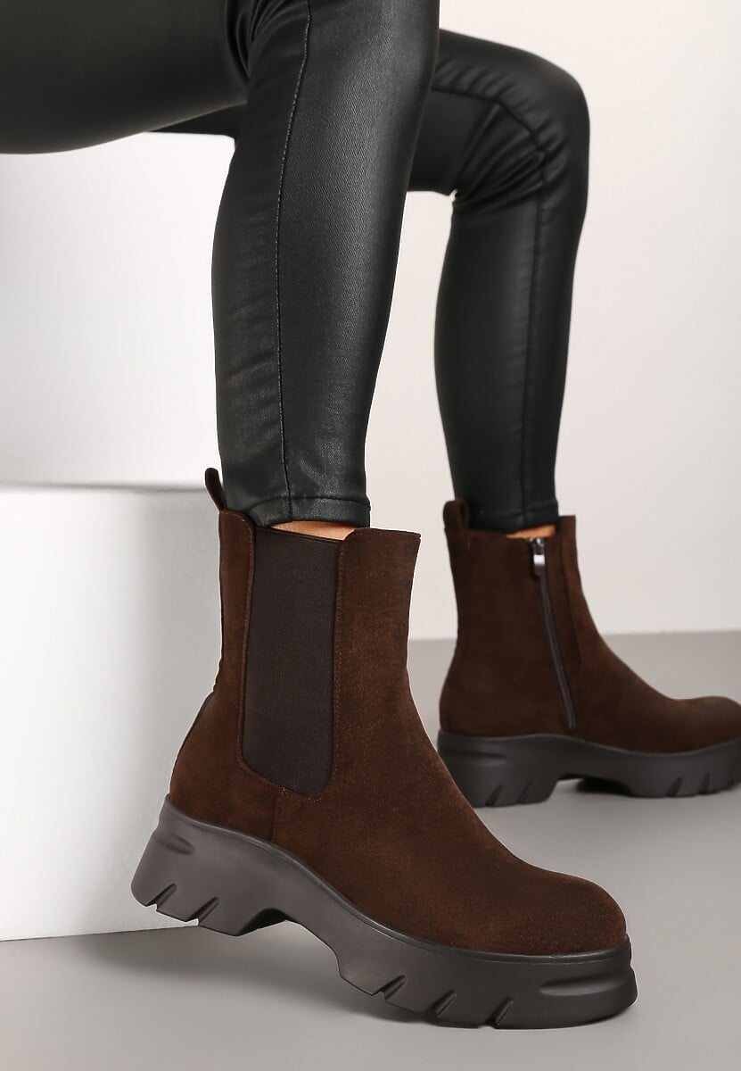Brązowe Botki Sztyblety na Platformie z Elastyczną Cholewką Mavita