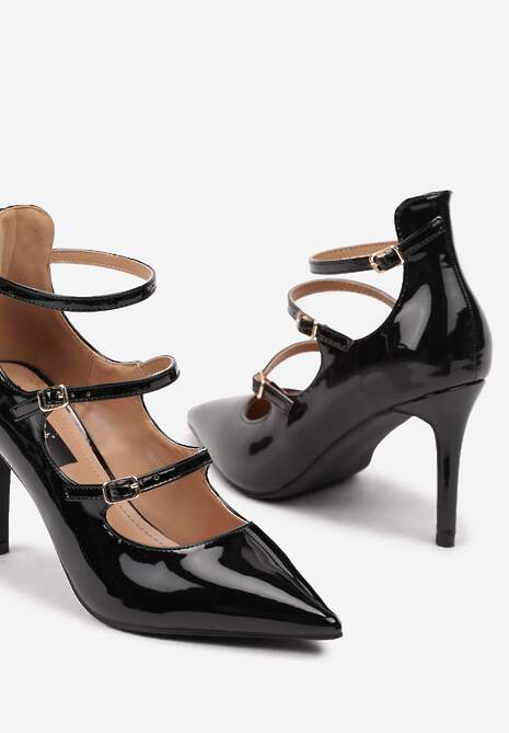 Czarne Szpilki Lakierowane Ozdobione Paskami ze Sprzączkami Armiela