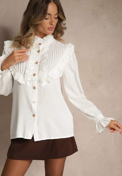 Biała Koszula z Ozdobną Falbanką i Żabotem Hansina